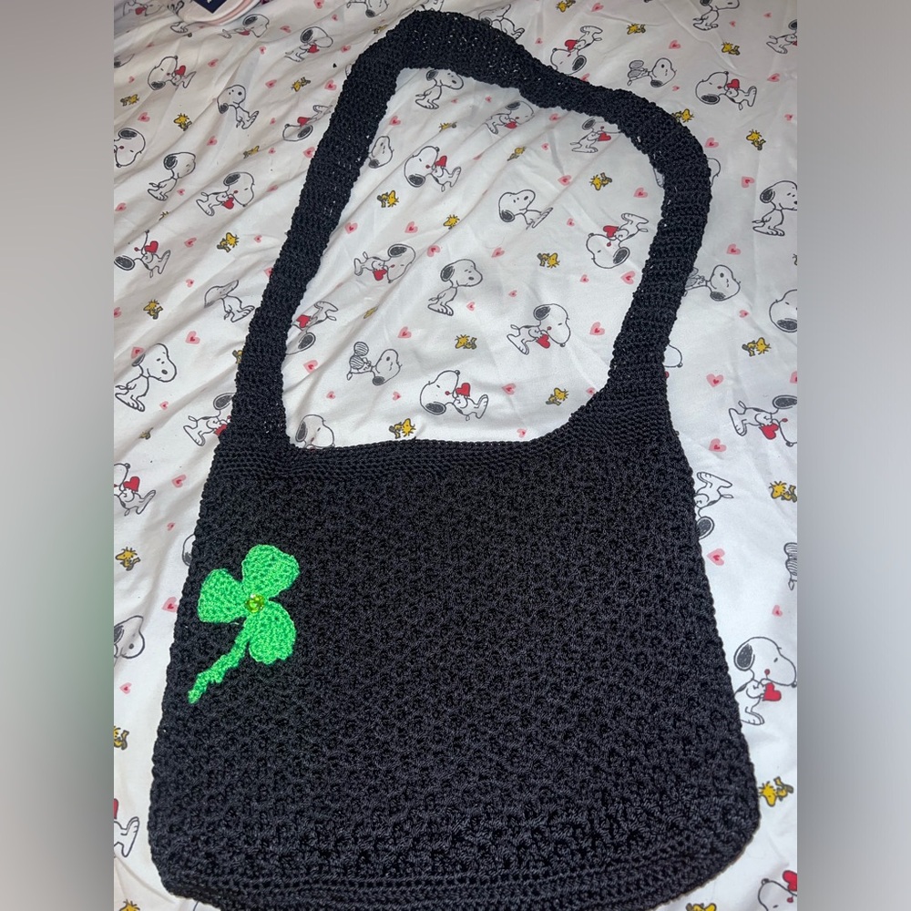 Handmade Black Crochet Bag with Green Clover
